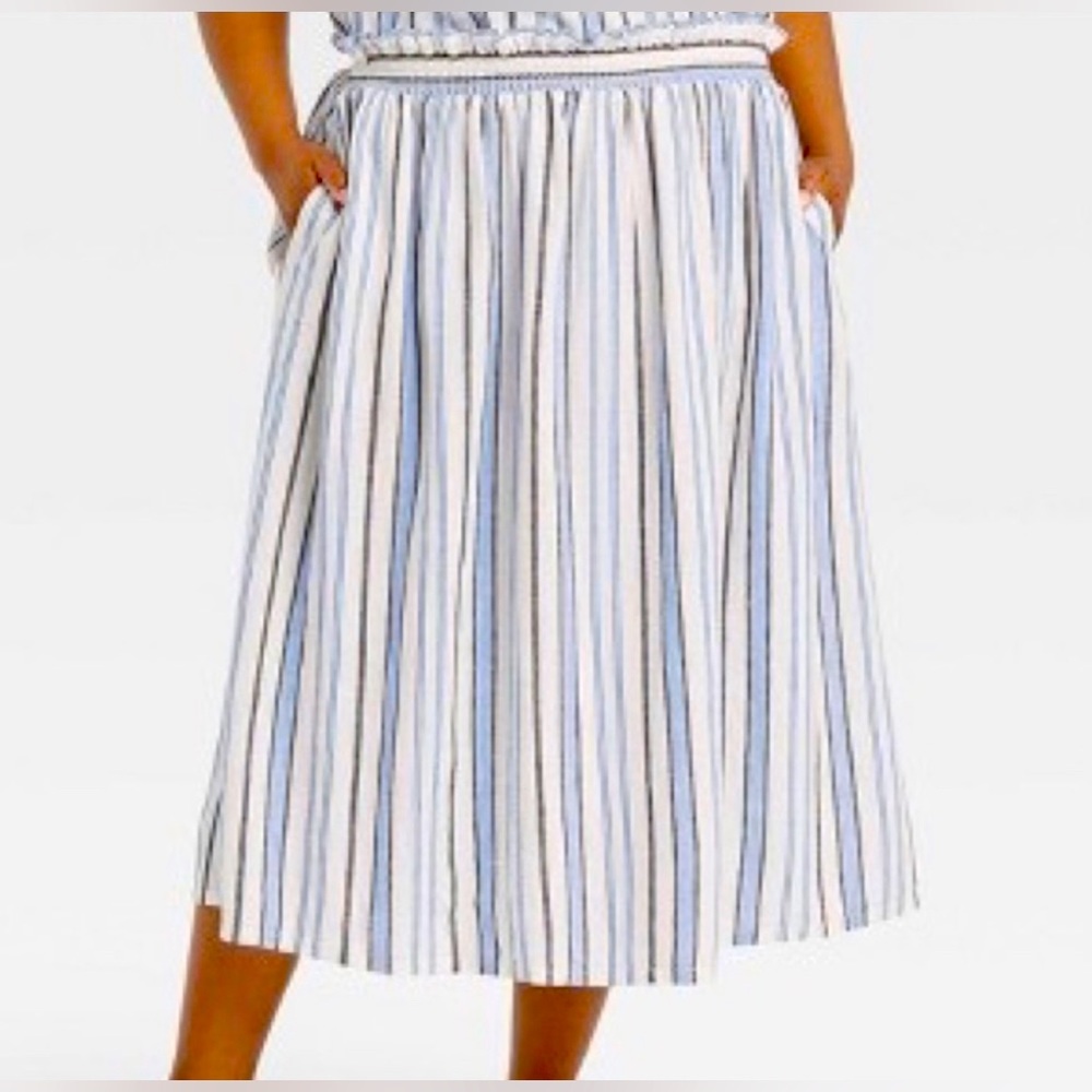 Blue Striped Midi Skirt, Cinched Waist with Pockets!!